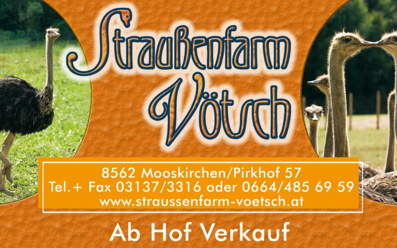 Banner für die Straußenfarm Vötsch mit Straußen auf einem Feld, Kontaktinformationen, Website und "Ab Hof Verkauf" in deutscher Sprache.