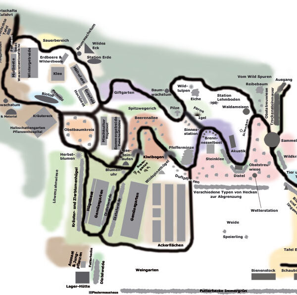Karte eines Garten- oder Parkgeländes mit beschrifteten Bereichen wie Obstgärten, Wiesen, Teichen, Gemüsebeeten, Bienenstöcken und verschiedenen Baum- und Pflanzenabschnitten, mit eingezeichneten Wegen und Eingängen.