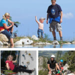 Eine Familie genießt Outdoor-Aktivitäten wie Wandern an einem Teich, Klettern, Radfahren und einen Hochseilgarten in einer natürlichen, gebirgigen Umgebung.