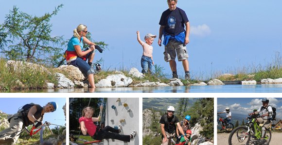 Eine Familie genießt Outdoor-Aktivitäten wie Wandern an einem Teich, Klettern, Radfahren und einen Hochseilgarten in einer natürlichen, gebirgigen Umgebung.