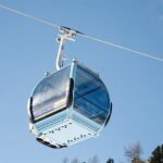 Eine mit blauem Glas umschlossene Gondelkabine hängt an einem Seil über Bäumen und einem teilweise bewölkten Himmel.