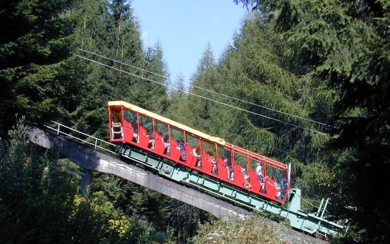 Eine rot-gelbe Standseilbahn befördert die Fahrgäste einen steilen, bewaldeten Hang hinauf, der von hohen, immergrünen Bäumen umgeben ist.
