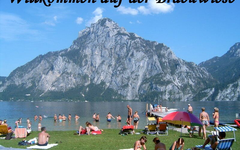 Menschen entspannen und schwimmen an einem Strand am See mit Bergen im Hintergrund; Text: "Willkommen auf der Braeuwiese.