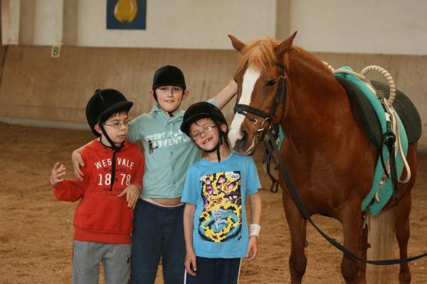 Drei Kinder mit Helmen stehen neben einem braunen Pferd in einer Reithalle und lächeln in die Kamera.