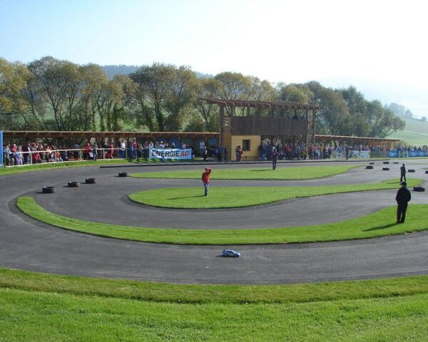 Eine Menschenmenge beobachtet an einem sonnigen Tag eine kleine, kurvenreiche Rennstrecke im Freien, umgeben von Gras und Bäumen.