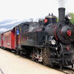 Eine schwarze Dampflokomotive mit roten Personenwagen hält an einem bewölkten Tag an einem Bahnhof. Im Führerstand des Zuges ist eine Person zu sehen.