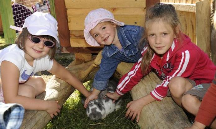 Drei junge Mädchen lächeln und streicheln ein graues und weißes Kaninchen, während sie im Gras neben einer Holzkonstruktion im Freien sitzen.