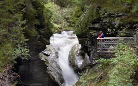 Eine Person steht auf einer hölzernen Plattform mit Blick auf eine enge Schlucht mit einem schnell fließenden Wasserfall inmitten eines dichten Waldes.