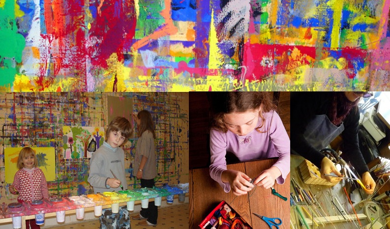 Collage von Kindern, die malen und basteln; enthält ein abstraktes buntes Gemälde, Kinder an einer Malstation, ein Mädchen, das bastelt, und Hände, die mit Draht und Werkzeugen arbeiten.