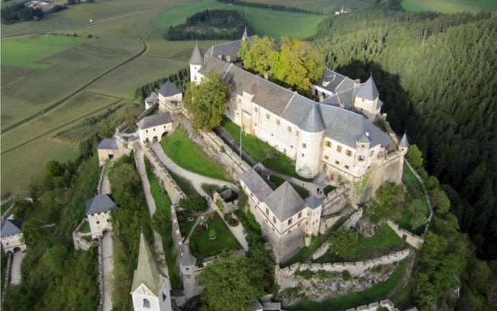 Luftaufnahme einer großen mittelalterlichen Burganlage, umgeben von Steinmauern, Türmen und Bäumen, gelegen auf einem Hügel inmitten von Feldern und Wäldern.