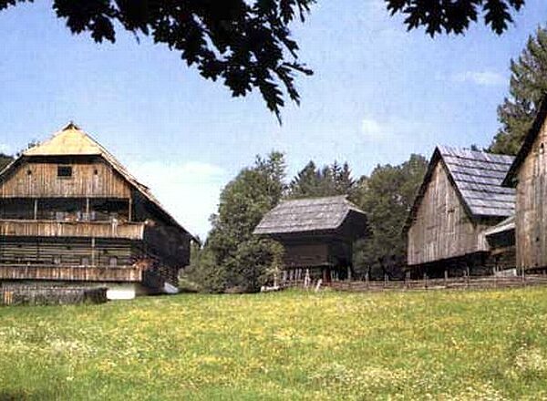 Drei traditionelle hölzerne Bauernhäuser stehen auf einer von Bäumen umgebenen Wiese unter einem klaren blauen Himmel.