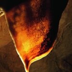 Eine Nahaufnahme einer durchscheinenden, orange-braunen Höhlenformation, möglicherweise ein Stalaktit oder Vorhang, beleuchtet vor einem dunklen Hintergrund.