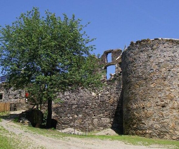 Die steinernen Ruinen eines alten Gebäudes mit einem zylindrischen Turm und einem Baum, der in der Nähe wächst, stehen unter einem klaren blauen Himmel.