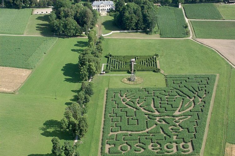 Luftaufnahme eines Heckenlabyrinths mit einem Hirsch und einem "rosegg"-Motiv, umgeben von grünen Feldern, Bäumen und einem großen Herrenhaus im Hintergrund.