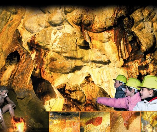 Drei Personen mit Helmen betrachten Höhlenwände mit Felsformationen; ein Einschub zeigt einen prähistorischen Menschen in der Nähe eines Feuers und Nahaufnahmen von Höhlenmerkmalen.