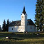 Eine kleine weiße Kirche mit einem hohen Kirchturm steht auf einer Wiese, umgeben von hohen immergrünen Bäumen und Baumstümpfen, unter einem klaren blauen Himmel.