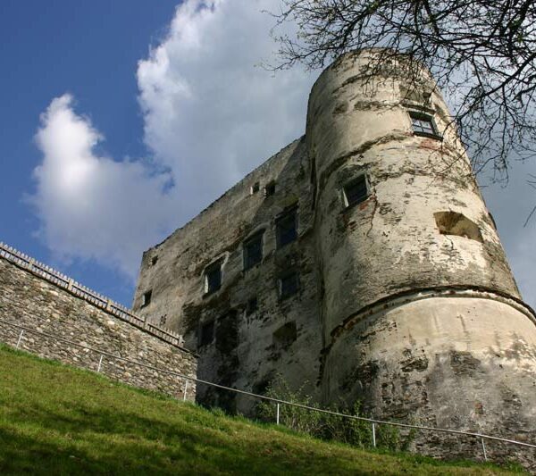 Ein verwitterter steinerner Burgturm mit kleinen Fenstern steht auf einem grasbewachsenen Hügel unter einem teilweise bewölkten Himmel.