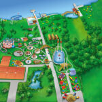 Illustrierte Karte eines Vergnügungsparks mit Wasserbahnen, Tennisplätzen, Spielplätzen, Schwimmbädern, Wegen, Grünflächen und Anlegestellen am Wasser.