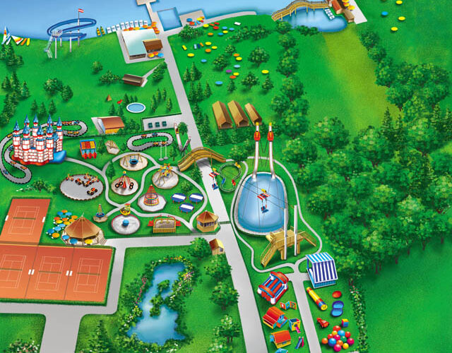 Illustrierte Karte eines Vergnügungsparks mit Wasserbahnen, Tennisplätzen, Spielplätzen, Schwimmbädern, Wegen, Grünflächen und Anlegestellen am Wasser.