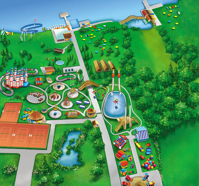 Illustrierte Karte eines Vergnügungsparks mit Wasserbahnen, Tennisplätzen, Spielplätzen, Schwimmbädern, Wegen, Grünflächen und Anlegestellen am Wasser.