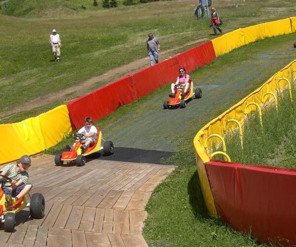 Vier Personen fahren Gokarts auf einer eingezäunten, mit roten und gelben Absperrungen versehenen Strecke, während einige Zuschauer auf einer Wiese in der Nähe zusehen.