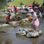 Kinder und Erwachsene spielen und laufen auf Steinen in einem seichten Bach in einem Park, während im Hintergrund Menschen an Picknicktischen sitzen.