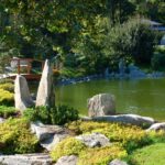 Ein angelegter japanischer Garten mit großen Steinen, grünen Sträuchern, einem Teich und einer kleinen Holzbrücke im Hintergrund.