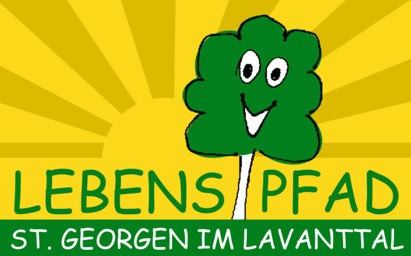 Ein grüner Cartoon-Baum mit einem lächelnden Gesicht ist über einem gelben Hintergrund mit Sonnenstrahlen zentriert. Der Text darunter lautet "LEBENSPFAD ST. GEORGEN IM LAVANTTAL".