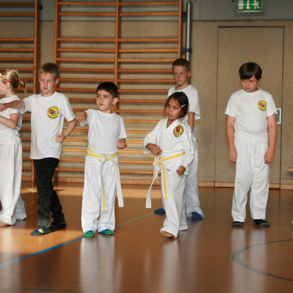 Eine Gruppe von Kindern in weißen Kampfsportuniformen und gelben Gürteln übt in einer Turnhalle mit hölzerner Sprossenwand Stellungen.