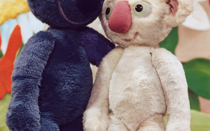 Zwei plüschige Koala-Puppen, eine blaue und eine weiße, stehen nebeneinander vor einem bunten, illustrierten Hintergrund.