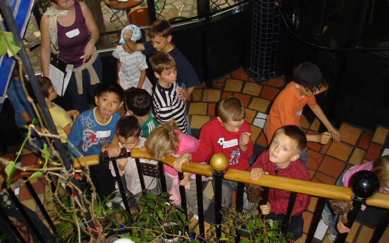 Eine Gruppe von Kindern steht dicht beieinander auf einer gefliesten Treppe, einige schauen nach oben, während ein Erwachsener in der Nähe steht und Papiere hält.