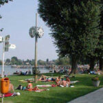 Menschen, die sich auf einer Wiese am See sonnen und entspannen, mit Bäumen, einem Abfalleimer, Schildern und einer großen Uhr; im Hintergrund Wasser und entfernte Gebäude.