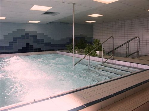 Ein überdachter Whirlpool mit sprudelndem Wasser, Handläufen, gefliesten Wänden und Topfpflanzen am Rande.