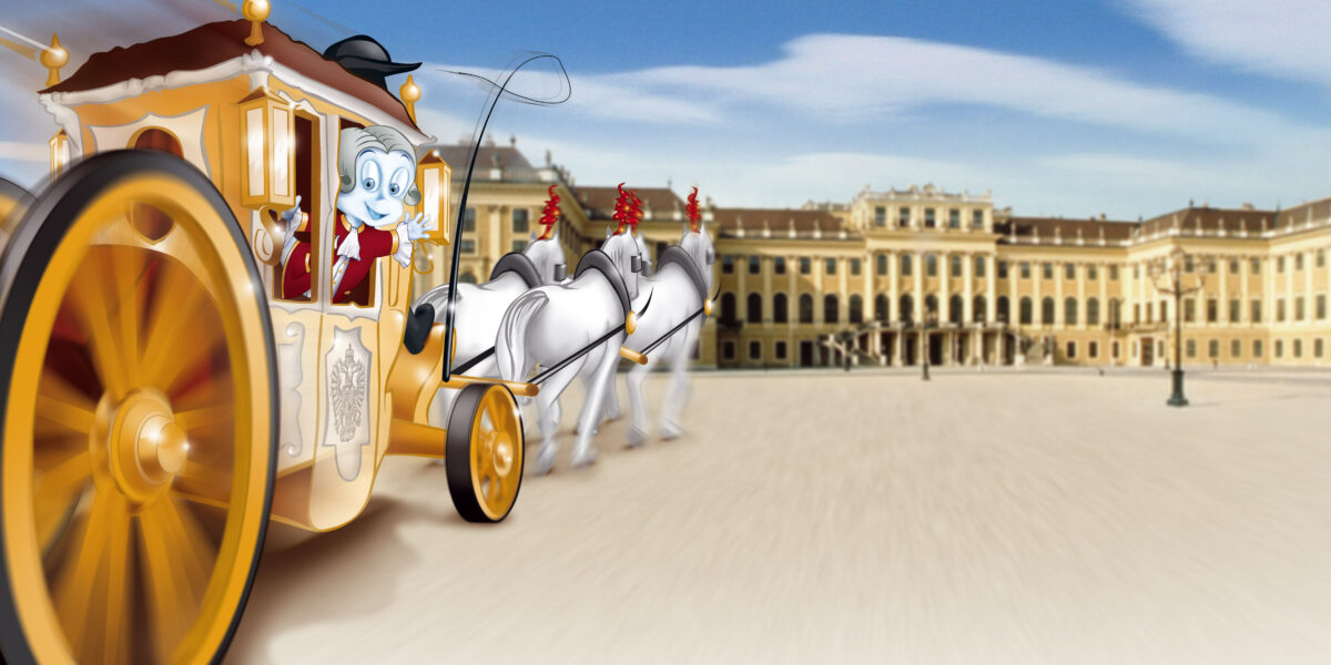 Eine Cartoon-Kutsche mit einer lächelnden Figur und weißen Pferden fährt schnell an einem großen, historischen Palast unter blauem Himmel vorbei.