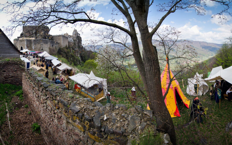 Ein mittelalterlicher Markt mit Zelten und Menschen ist entlang der Steinmauern einer alten Burg auf einem Hügel aufgebaut, umgeben von Bäumen und fernen Bergen.