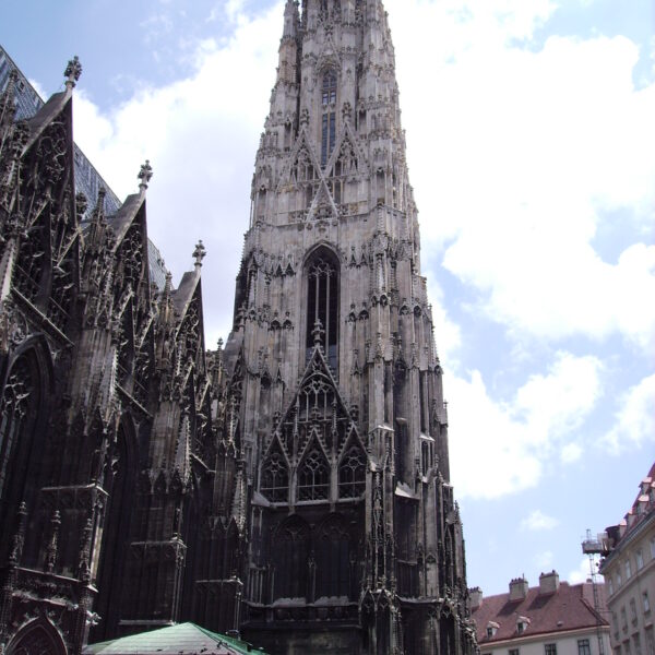Hohe gotische Kathedrale mit kunstvollen Steindetails und einer zentralen Turmspitze, umgeben von historischen Gebäuden unter einem teilweise bewölkten Himmel.