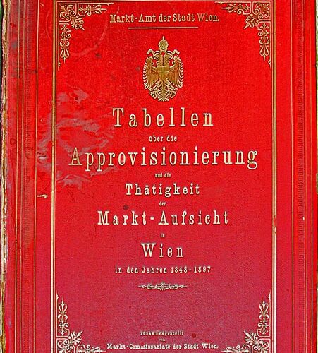 Rotes Hardcover-Buch mit dem Titel "Tabellen über die Approvionierung" mit goldener Schrift und Wappen, das die Wiener Marktdaten von 1848-1897 dokumentiert.