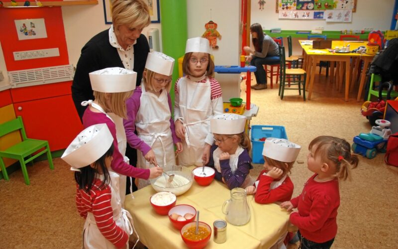 Eine Gruppe junger Kinder mit Schürzen und Kochmützen mischt in einem farbenfrohen Klassenzimmer unter der Aufsicht eines Erwachsenen Zutaten in Schüsseln an einem Tisch.