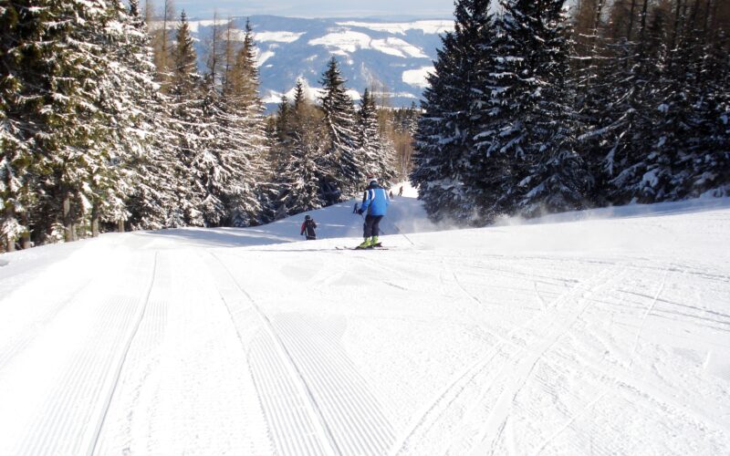 Zwei Personen fahren auf einer präparierten, schneebedeckten Piste, umgeben von schneebedeckten immergrünen Bäumen, unter einem klaren Himmel.