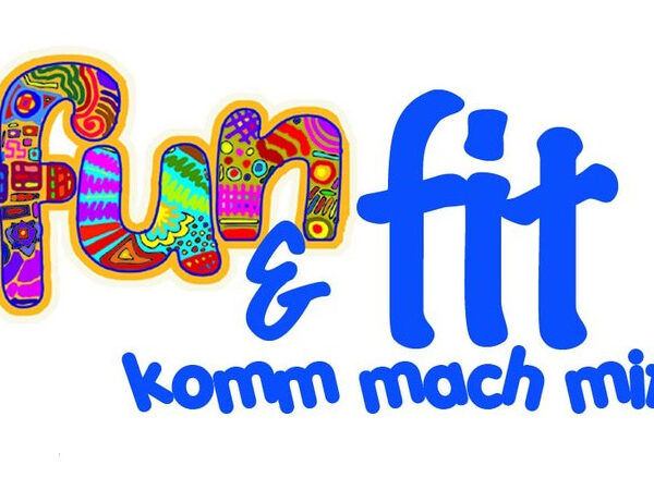 Buntes "fun & fit"-Logo mit "fun" in bunten Mustern, "fit" in blau und "komm mach mit!" in blauem Text darunter.