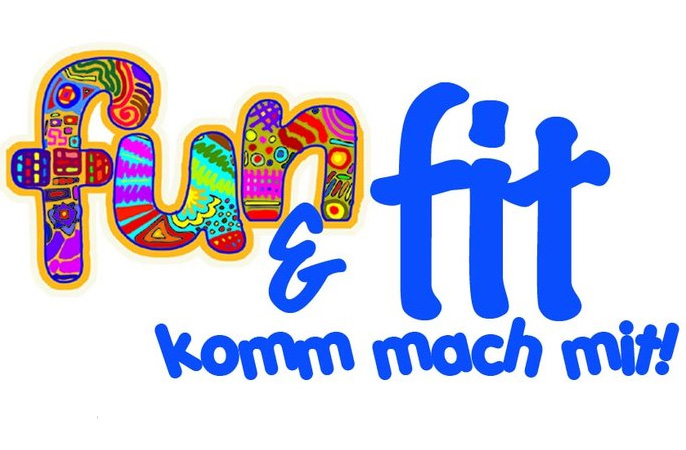 Buntes "fun & fit"-Logo mit "fun" in bunten Mustern, "fit" in blau und "komm mach mit!" in blauem Text darunter.