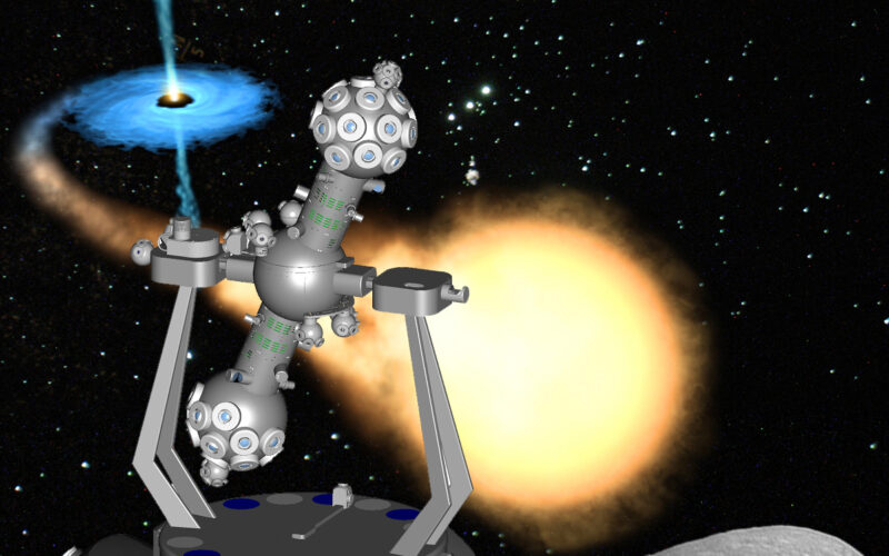 Eine futuristische Raumstation oder Sonde steht auf einer felsigen Oberfläche, im Hintergrund sind ein heller Stern und eine Akkretionsscheibe eines schwarzen Lochs zu sehen.