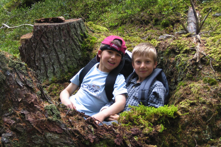 Zwei Jungen mit Rucksäcken sitzen zusammen auf moosbewachsenem Boden in einer von umgestürzten Bäumen gebildeten Mulde in einem Waldgebiet.