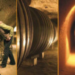Dreitafelbild: eine Person, die in einem Keller mit Geräten arbeitet, ein großer Metalltank in einem gewölbten Tunnel und ein beleuchteter Gang mit gewölbter Decke.