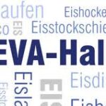 Das Bild zeigt das Wort "REVA-Halle" in großen blauen Buchstaben, umgeben von deutschen Wörtern wie "Eislaufen", "Eishockey" und "Eisstockschießen", die sich auf Eisaktivitäten beziehen.