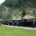 Ein alter Dampfzug mit mehreren grünen Waggons fährt durch eine üppige, hügelige Landschaft und stößt Rauchwolken aus.