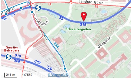 Karte des Schweizer Gartens in Wien mit den nahegelegenen Bahnlinien S15, S2, S3, S80, S60, S7, den Buslinien 910, 720, 69A und einem roten Standortmarker.