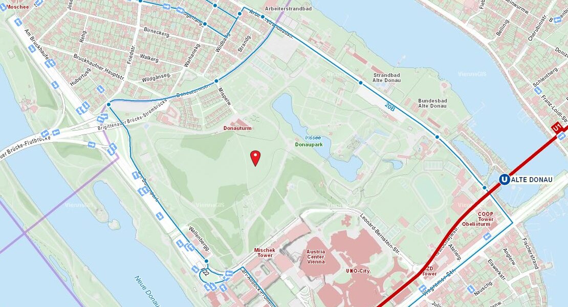 Karte der U-Bahn-Station Alte Donau, der nahegelegenen Straßen, Parks und des Donauparks mit eingezeichneten Sehenswürdigkeiten und Verkehrswegen.