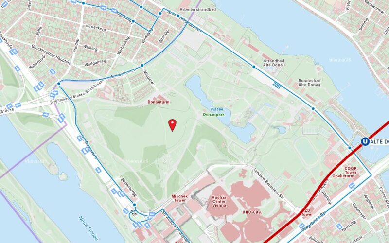 Karte der U-Bahn-Station Alte Donau, der nahegelegenen Straßen, Parks und des Donauparks mit eingezeichneten Sehenswürdigkeiten und Verkehrswegen.