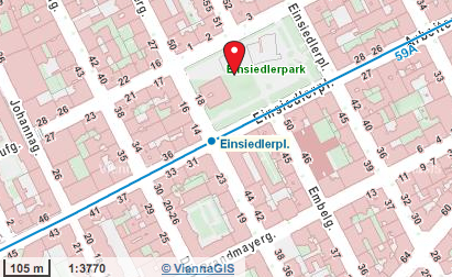 Eine Karte, auf der der Einsiedlerpark mit einer roten Stecknadel markiert ist, in der Nähe des Einsiedlerplatzes und der S-Bahnlinie S9A in einem Stadtbezirk.